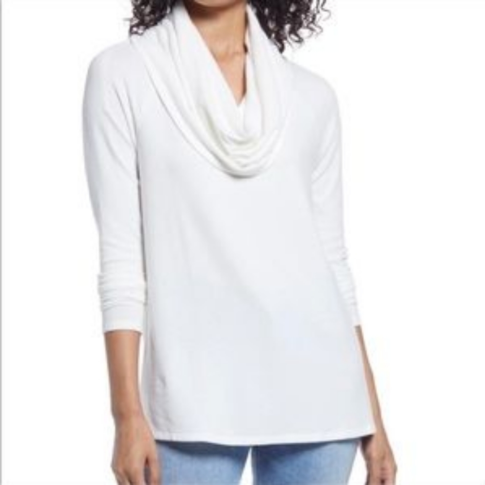 Gibson Off-the-Shoulder Cowl Neck Sweater Top in White